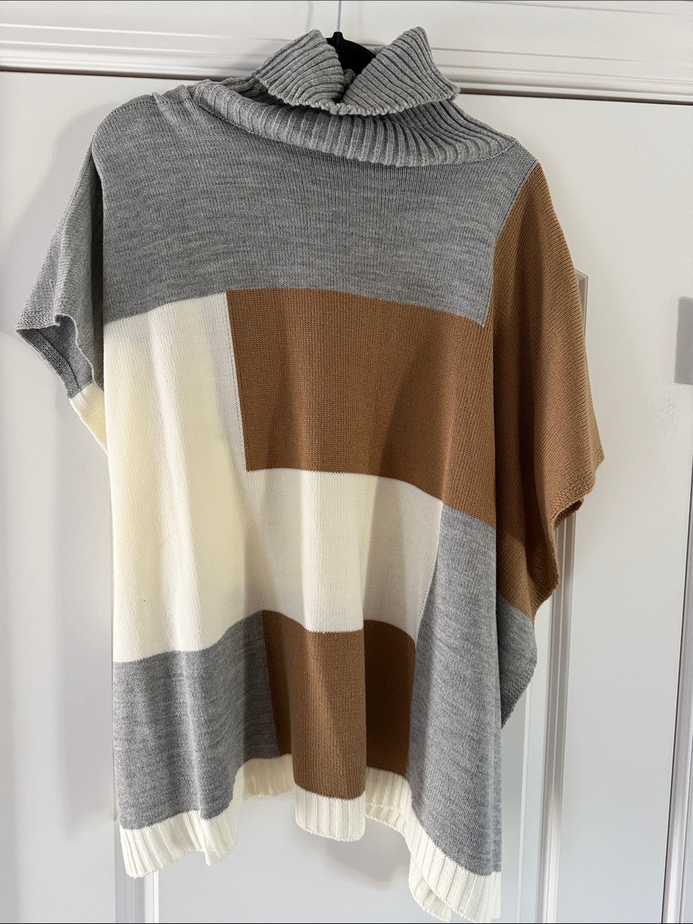 Women’s Colorblock Turtleneck Poncho - Gray, Brown & Cream